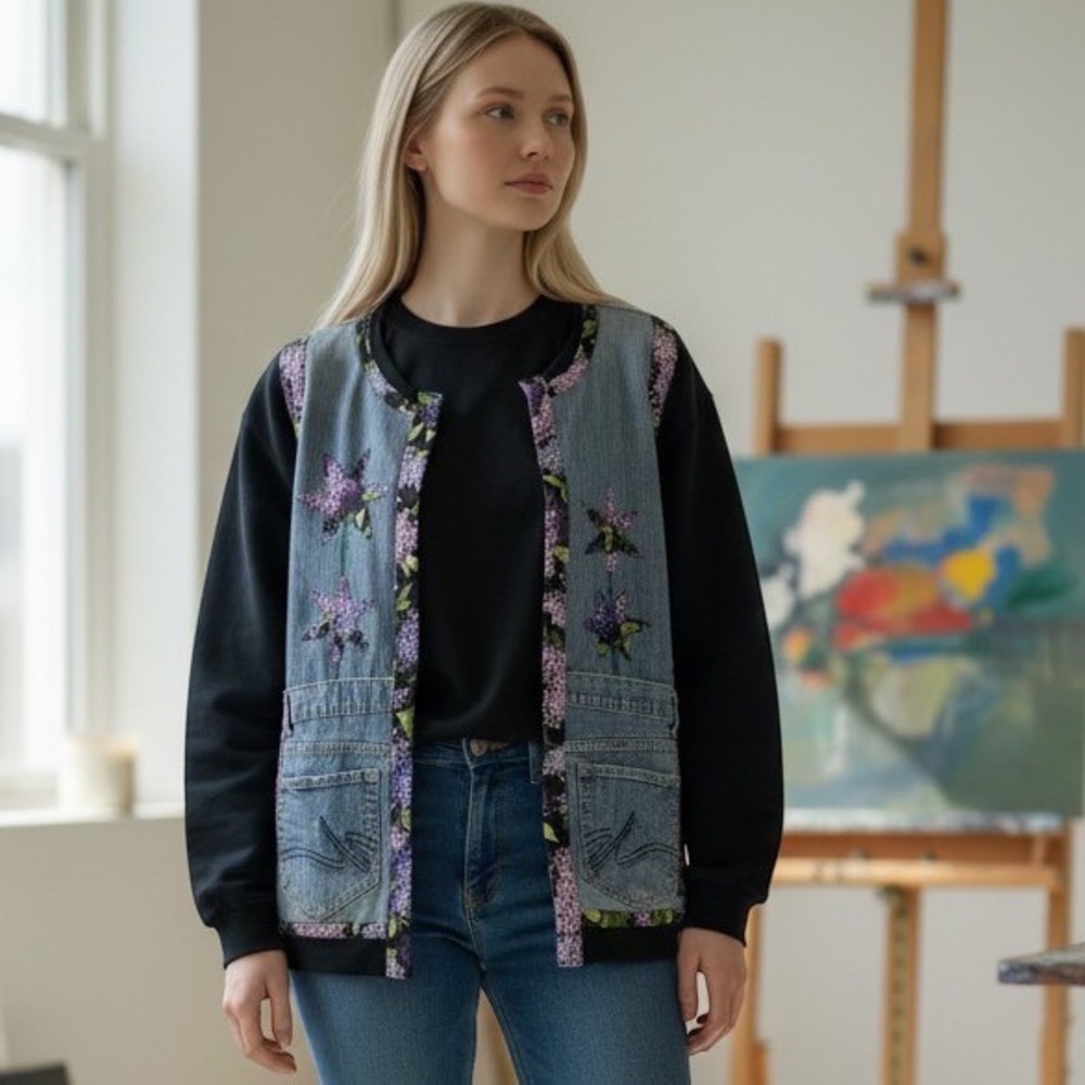 Fruit of the Loom DIY Upcycled Denim Floral Sweatshirt Jacket Large Black Purple